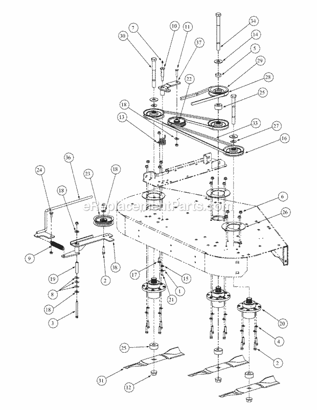 Fabricated Deck Spindle Assembly Diagram and Parts List for M48-HN 53AB5E6V750-20-HP Cub Cadet Lawn Tractor